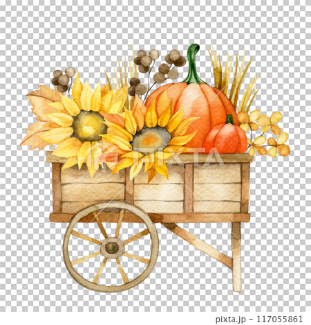 watercolor drawing, cart with pumpkins and sunflower flowers in vintage style. card for thanksgiving day, rural, harvest holiday watercolor drawing, cart with pumpkins and sunflower flowers in vintage style. card for thanksgiving day, rural, harvest holiday 117055861