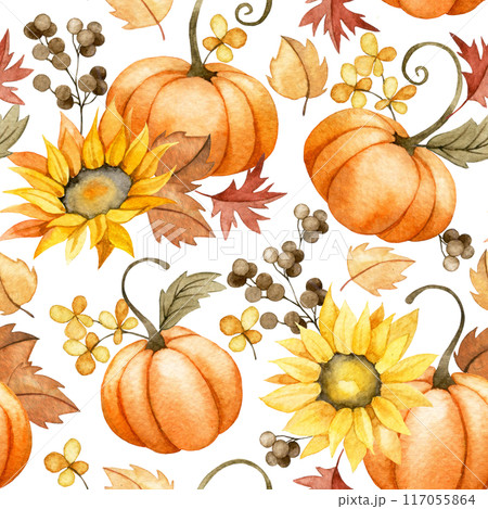 watercolor seamless pattern with harvest, with pumpkins and sunflower flowers in vintage style. print for thanksgiving, fall, harvest festival watercolor seamless pattern with harvest, with pumpkins and sunflower flowers in vintage style. print for thanksgiving, fall, harvest festival 117055864
