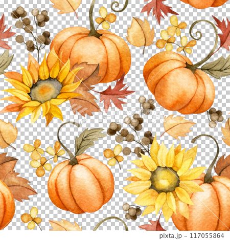watercolor seamless pattern with harvest, with pumpkins and sunflower flowers in vintage style. print for thanksgiving, fall, harvest festival watercolor seamless pattern with harvest, with pumpkins and sunflower flowers in vintage style. print for thanksgiving, fall, harvest festival 117055864