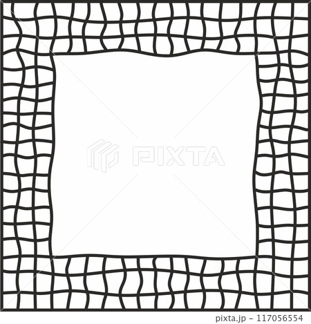 Bold wavy lines forming a square frame. Different size of abstract squares. Decorative and snake-like border, made by wavy serpentine lines. Isolated black and white illustration, on white background 117056554