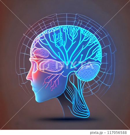 Neural networks in the human brain. Electronic impulses in the head. Work of the human brain. Head and design elements on the subject of intelligence, brain power. Created with generative AI tools 117056588
