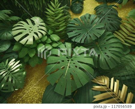 Visual depiction of a bush of tropical green foliage plants including Monstera, fern, and Eucalyptus leaves, adorned with gold glitter particles. Created with generative AI tools 117056589