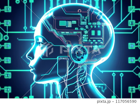 Artificial intelligence. Human head outline with circuit board inside. Technology and engineering concept. Technology web background. Created with generative AI tools 117056590