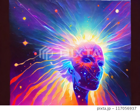 Concept of mindfulness and mental activity. Human face and elements with metaphorical relationship to mind, reason, thought, mental powers and mystic consciousness. Created with generative AI tools Concept of mindfulness and mental activity. Human face and elements with metaphorical relationship to mind, reason, thought, mental powers and mystic consciousness. Created with generative AI tools 117056937