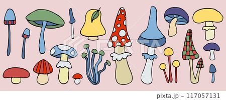 Vector Magic mushroom doodle set, fall fungus forest harvest, mystery fairy ingredient, isolated natural set collection Vector Magic mushroom doodle set, fall fungus forest harvest, mystery fairy ingredient, isolated natural set collection 117057131