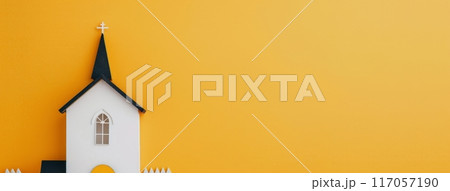 Small White Church With Black Spire Surrounded by Yellow Landscape and Autumn Trees Small White Church With Black Spire Surrounded by Yellow Landscape and Autumn Trees 117057190