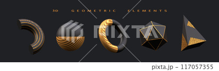 Abstract background with black-golden geometric elements and figures. Set of 3d realistic shape primitives sphere, torus, cone, icosphere isolated on dark background. 3d rendering close up Abstract background with black-golden geometric elements and figures. Set of 3d realistic shape primitives sphere, torus, cone, icosphere isolated on dark background. 3d rendering close up 117057355