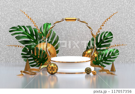 3D stand podium marble. Golden balls and palm leaves on background wall concrete or cement with relief white grey color. 3d rendering 117057356