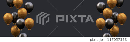 Black and gold balloons on dark background. Banner or template for design, ads product, sale, banner, presentation, cosmetic. 3d rendering illustration 117057358