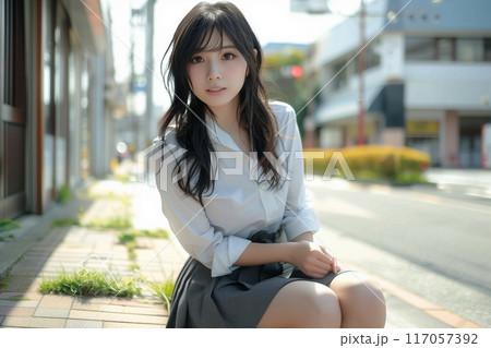 町中で座っている制服姿の女子高生のイラスト素材 [117057392] - PIXTA
