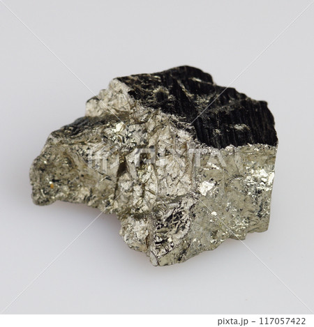 natural silver pyrite gem on the white background natural silver pyrite gem on the white background 117057422