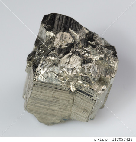 natural silver pyrite gem on the white background natural silver pyrite gem on the white background 117057423
