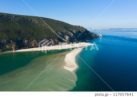 Figueirinha White Beach and Sandspit, Mountain and Atlantic Ocean. Portugal. Aerial View 117057641