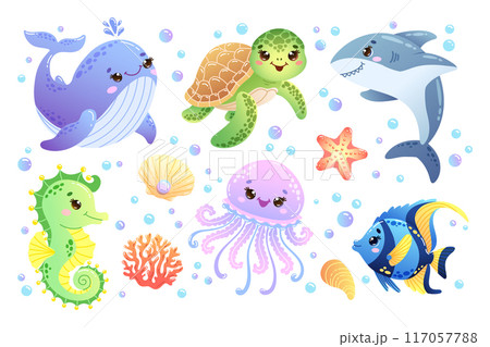 Set of sea animals featuring a cute whale, turtle, shark, seahorse, jellyfish and fish. Hand drawn vector illustration 117057788