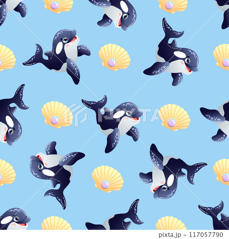 Playful orca whale and seashell seamless pattern on a vibrant blue background. Vector illustration Playful orca whale and seashell seamless pattern on a vibrant blue background. Vector illustration 117057790