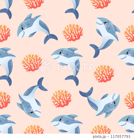 Colourful seamless pattern with cute cartoon shark and coral on peach background. Vector illustration Colourful seamless pattern with cute cartoon shark and coral on peach background. Vector illustration 117057791