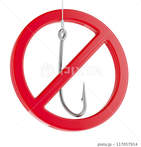 Fishing hook with prohibition sign. No Fishing sign, 3D rendering Fishing hook with prohibition sign. No Fishing sign, 3D rendering 117057914