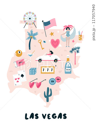 Hand drawn illustrated map with famous symbols of Las Vegas, Nevada 117057940