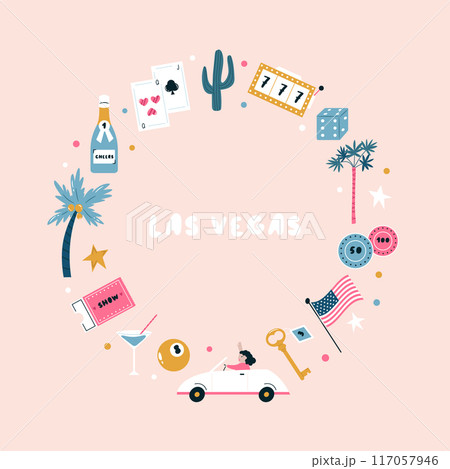 Colorful composition, design with famous symbols of Las Vegas, Nevada state, USA. Colorful composition, design with famous symbols of Las Vegas, Nevada state, USA. 117057946