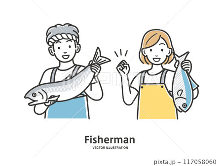 魚を持つ男性と女性の漁師の全身のイラスト 117058060