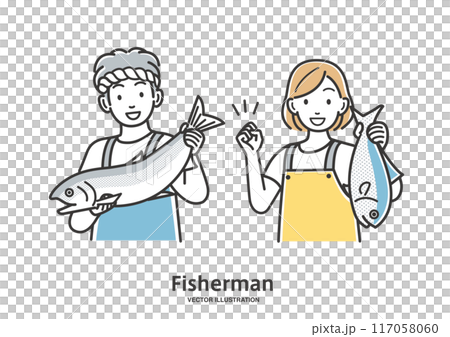 男性和女性漁民與魚的全身插圖 117058060