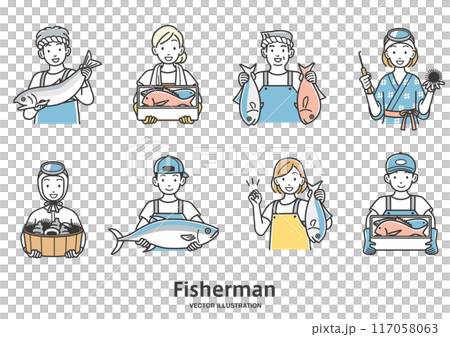 漁業を営む漁師と海女のイラストパターン 117058063