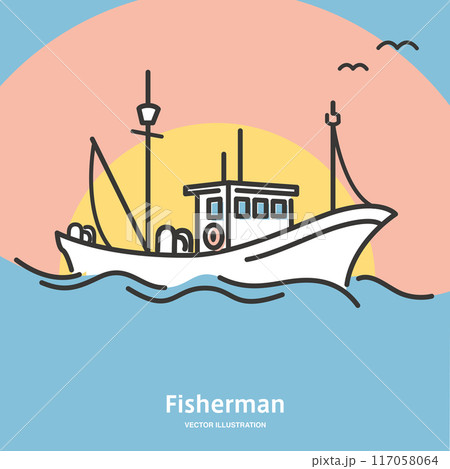 日の出を背景にした漁船のイラスト 117058064