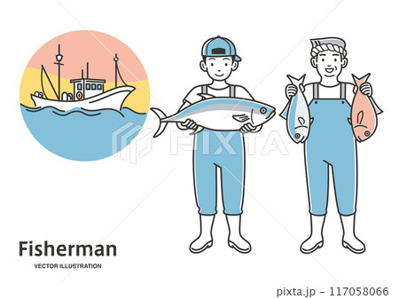 漁船を背景にした漁師の全身のイラスト 漁船を背景にした漁師の全身のイラスト 117058066