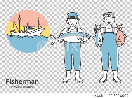 漁船を背景にした漁師の全身のイラスト 漁船を背景にした漁師の全身のイラスト 117058066
