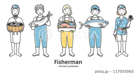 漁業を営む漁師と海女の全身のイラストパターン 漁業を営む漁師と海女の全身のイラストパターン 117058068