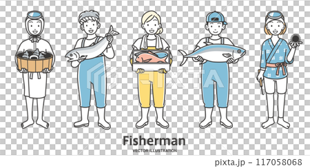 漁業を営む漁師と海女の全身のイラストパターン 漁業を営む漁師と海女の全身のイラストパターン 117058068