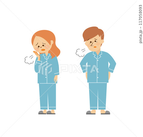 パジャマを着た男性と女性のかわいいイラスト 悩む 117058093