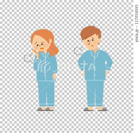 パジャマを着た男性と女性のかわいいイラスト 悩む 117058093