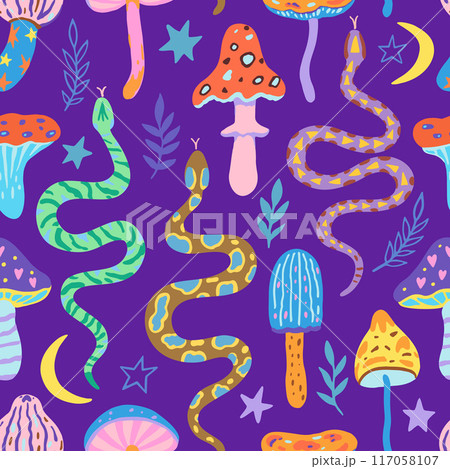 Seamless pattern with snakes and magic mushrooms. Illustration in simple contemporary boho style. 117058107