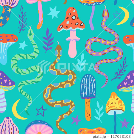 Seamless pattern with snakes and magic mushrooms. Illustration in simple contemporary boho style. 117058108