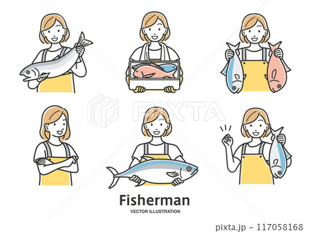 漁業を営む若い女性の漁師のイラストパターン 漁業を営む若い女性の漁師のイラストパターン 117058168