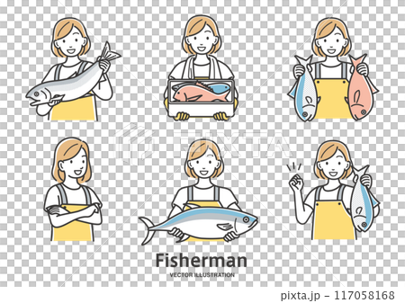 漁業を営む若い女性の漁師のイラストパターン 漁業を営む若い女性の漁師のイラストパターン 117058168