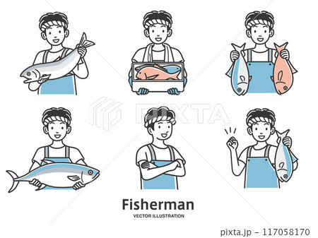 漁業を営む若い男性の漁師のイラストパターン 117058170