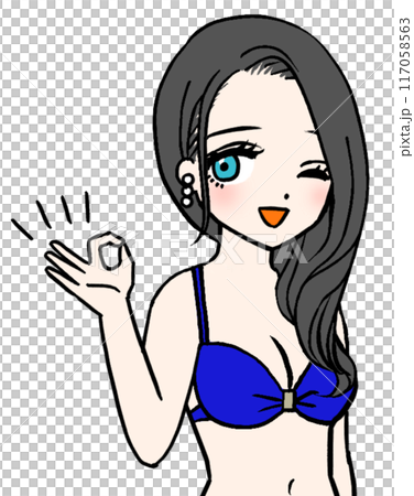 A smiling woman in a blue swimsuit giving an OK sign A smiling woman in a blue swimsuit giving an OK sign 117058563