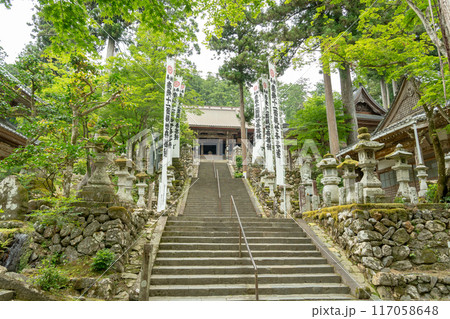 岐阜県揖斐川町 新緑の谷汲山華厳寺の本堂へ上がる階段 岐阜県揖斐川町 新緑の谷汲山華厳寺の本堂へ上がる階段 117058648