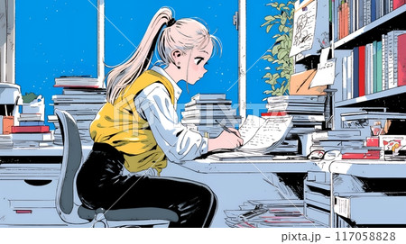 山積みの資料を基に企画を練っている若い女性