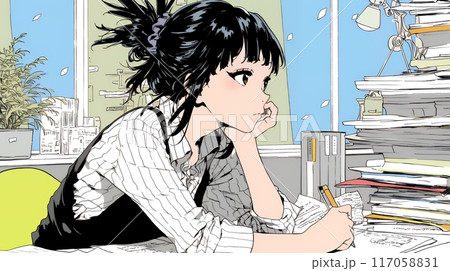 山積みの資料を基に企画を練っている若い女性