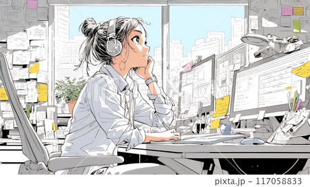 数多くのメモと録音資料を基に企画を練っている若い女性