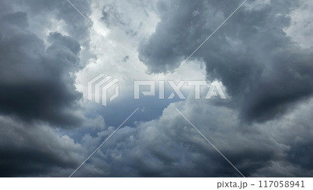 Dark sky before a thunderstorm, clouds, background. epic storm, tropical sunset, dark clouds after thunderstorm, storm. 117058941