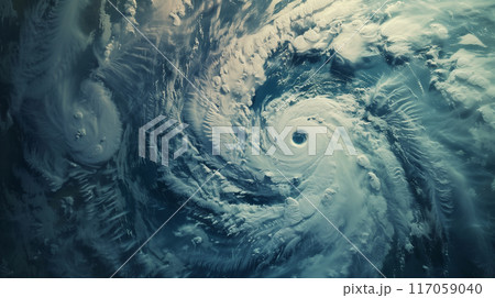 超大型台風の雲が渦巻く様子を上空からのアングルでリアルに描いたAI生成画像 117059040