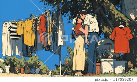 洗濯の最中もいちゃついてしまう新婚夫婦