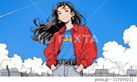 やる気満々：青い空の下、やる気いっぱいの若い女性