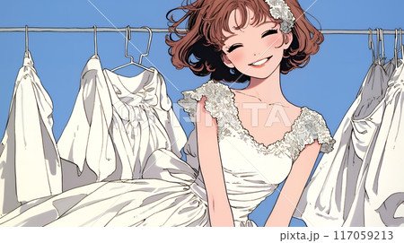 花嫁衣装の試着でウキウキしている若い女性