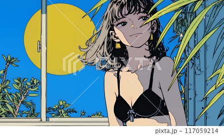 下着姿で部屋から月見をしている若い女性