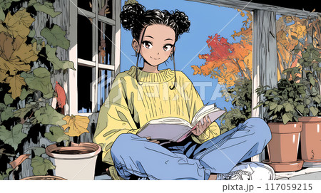 紅葉が見える窓辺に腰掛けて読書する若い女性